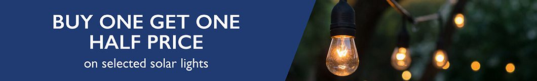 Buy one get one half price solar lights promotional banner May 2025