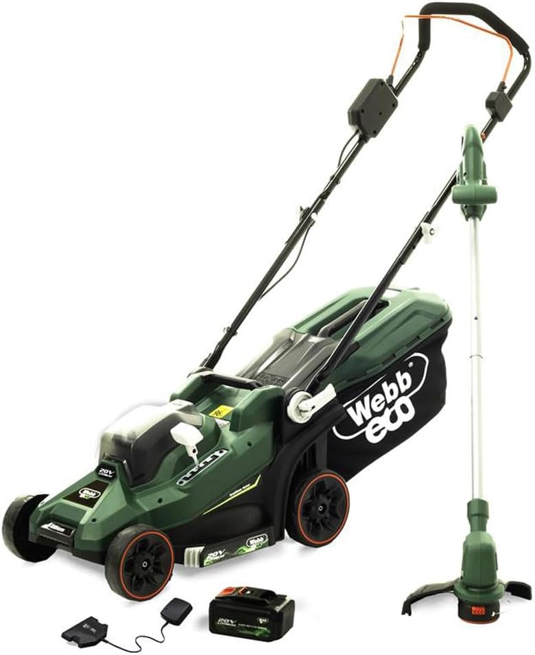 Webb Eco 20V 33cm (14″) Cordless Rotary Lawnmower plus 20V 25cm  Line Trimmer (4AH Battery & Charger) 5055661905725