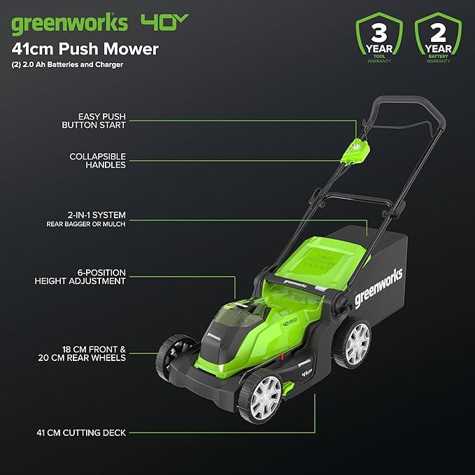 Greenworks 40V 41cm Cordless Lawn Mower (with 2 x 2Ah Batteries and 2A Charger) 6952909018003