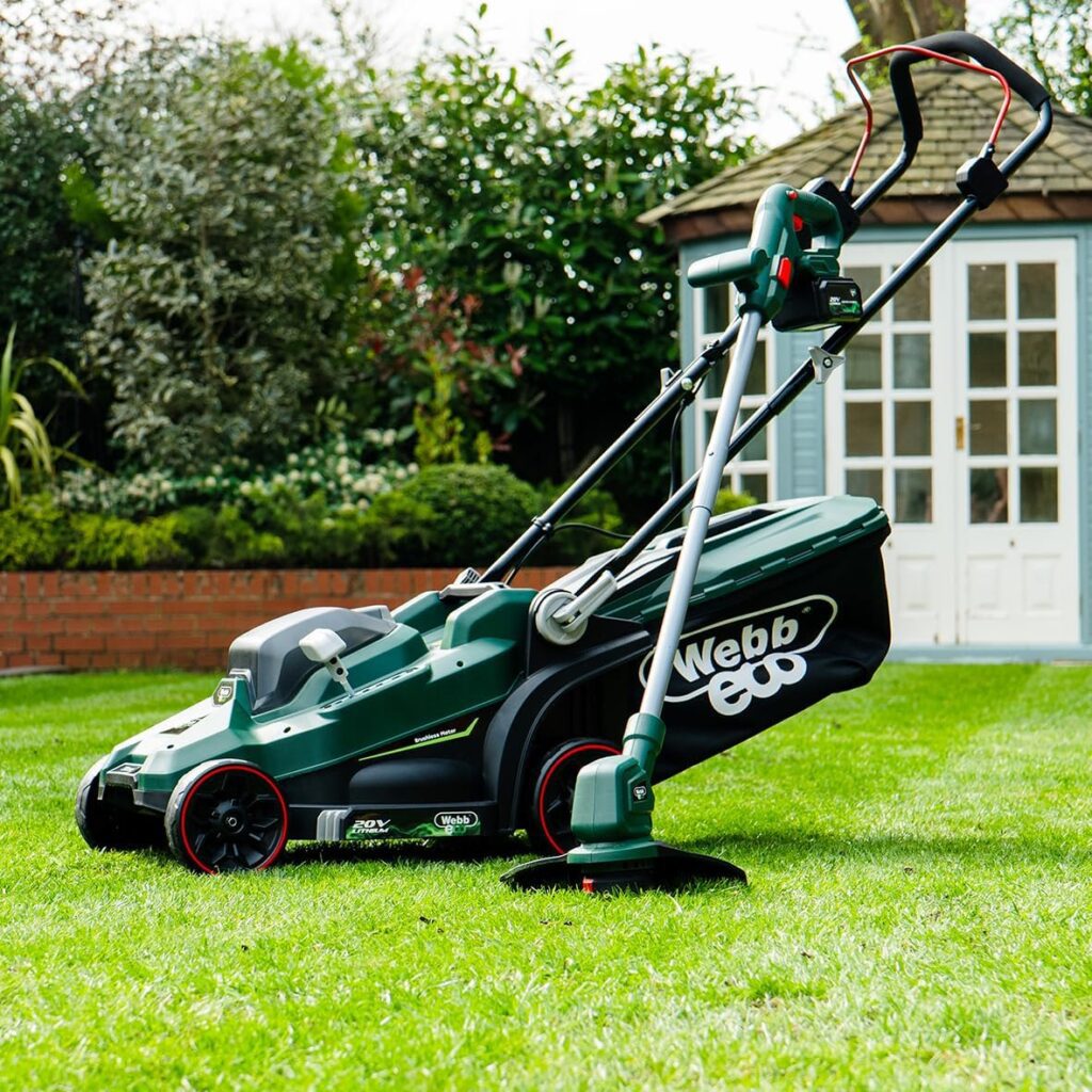 Webb Eco 20V 33cm (14″) Cordless Rotary Lawnmower plus 20V 25cm  Line Trimmer (4AH Battery & Charger) 5055661905725