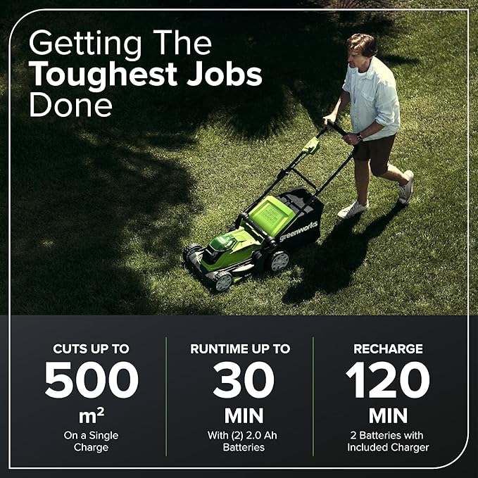 Greenworks 40V 41cm Cordless Lawn Mower (with 2 x 2Ah Batteries and 2A Charger) 6952909018003