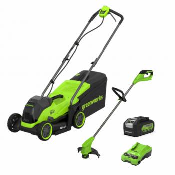 Greenworks 24V 33cm Cordless Brushless Lawnmower & 25cm Line Trimmer (4 AH Battery, 2A Charger) 8935314104040