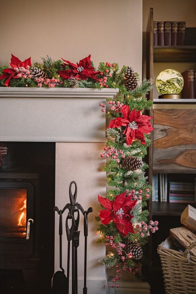 BOSK Poinsettia Pine 6ft Christmas Garland With 100 Warm White Lights 5061064663704 2