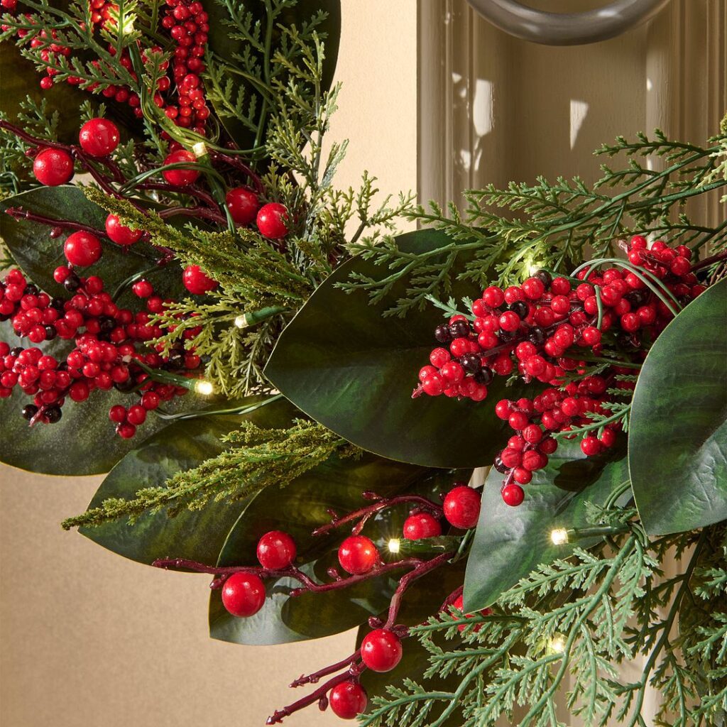BOSK Magnolia Berry 26″ Christmas Wreath With 50 Warm White Lights 5061030164686 2