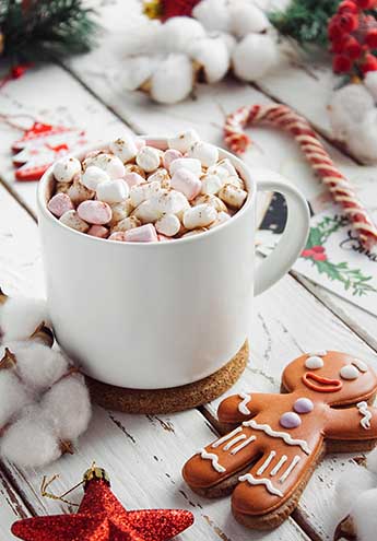 white christmas theme hot chocolate with marshmallows and gingerbread man