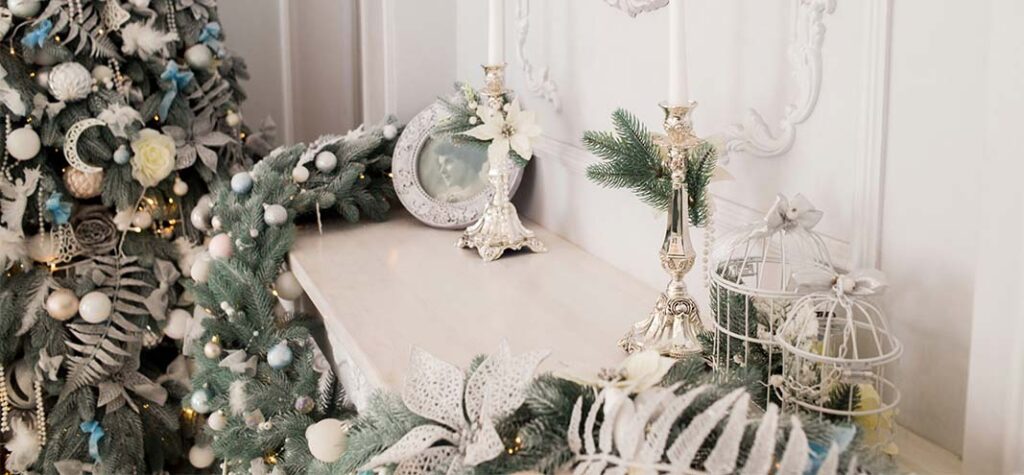 white christmas theme mantel and room decor